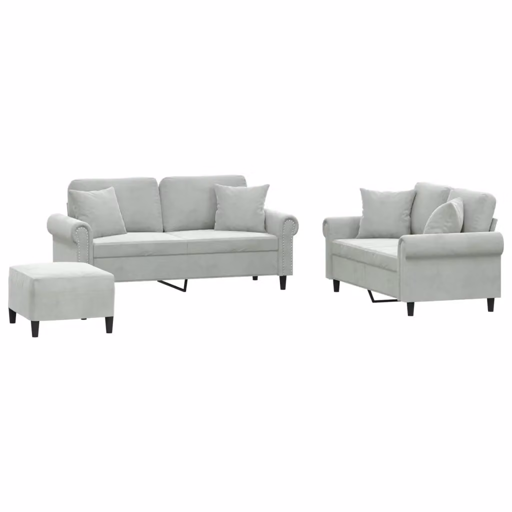 Set di 3 divani vidaXL in velluto grigio con cuscini per soggiorno in stile moderno L: 152 cm, P: 80 cm, H: 76 cm – 2
