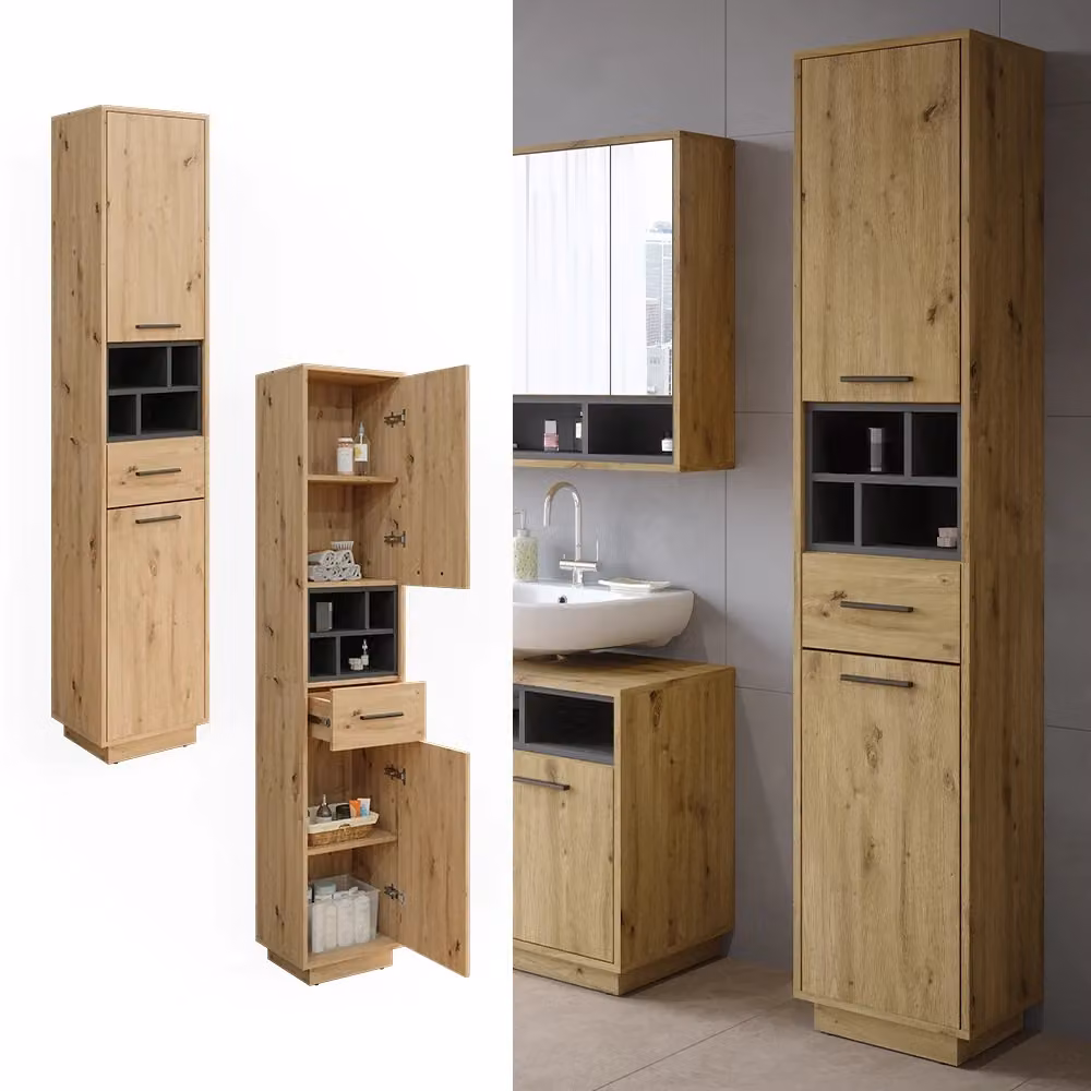 Armadio da bagno Beatrice Vicco in rovere e antracite con ante e cassetti, L/P/H: 38 x 30 x 190 cm – 2