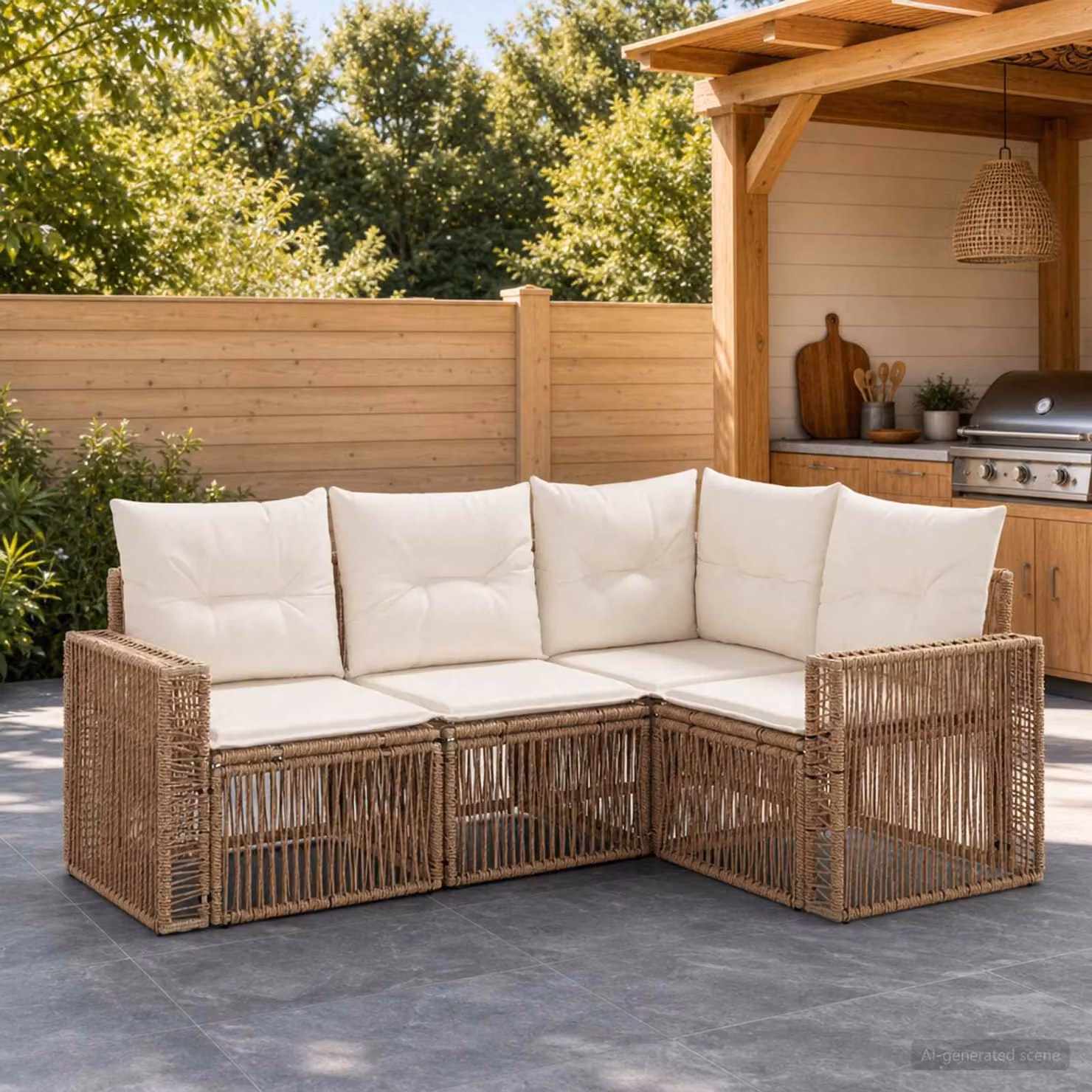 Set Divano da Giardino vidaXL a Forma di L con Cuscini Imbottiti Beige e Bianco