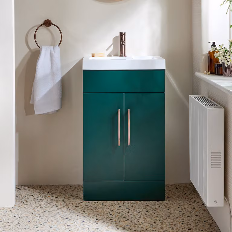 Mobile Bagno a Terra Verde Scuro da 500mm con Lavabo e Maniglie con Barra a T in Bronzo Spazzolato - Cluo