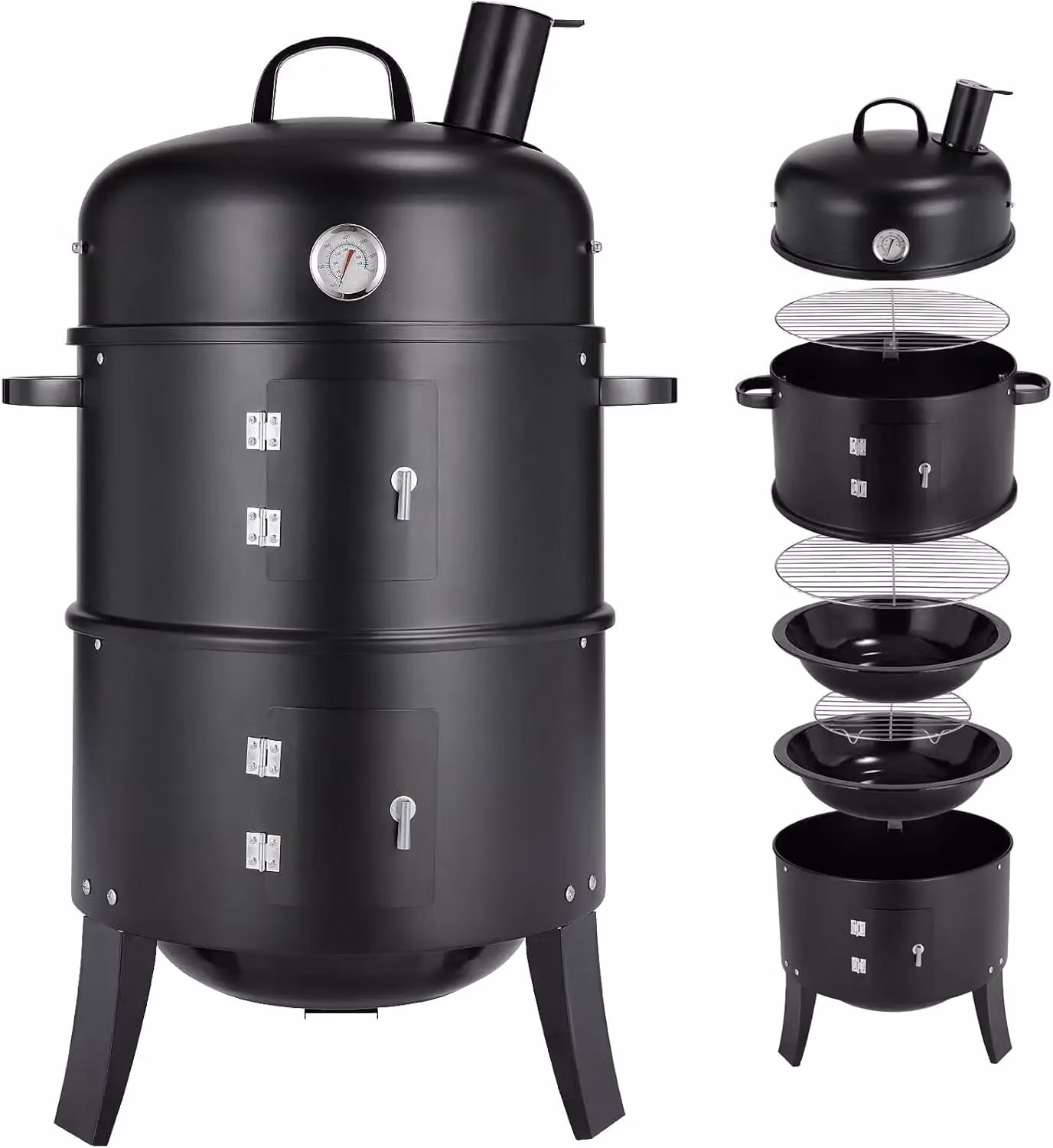 Barbecue affumicatore - Griglia a carbone con coperchio, camino e termometro - Acciaio inossidabile - Da montare