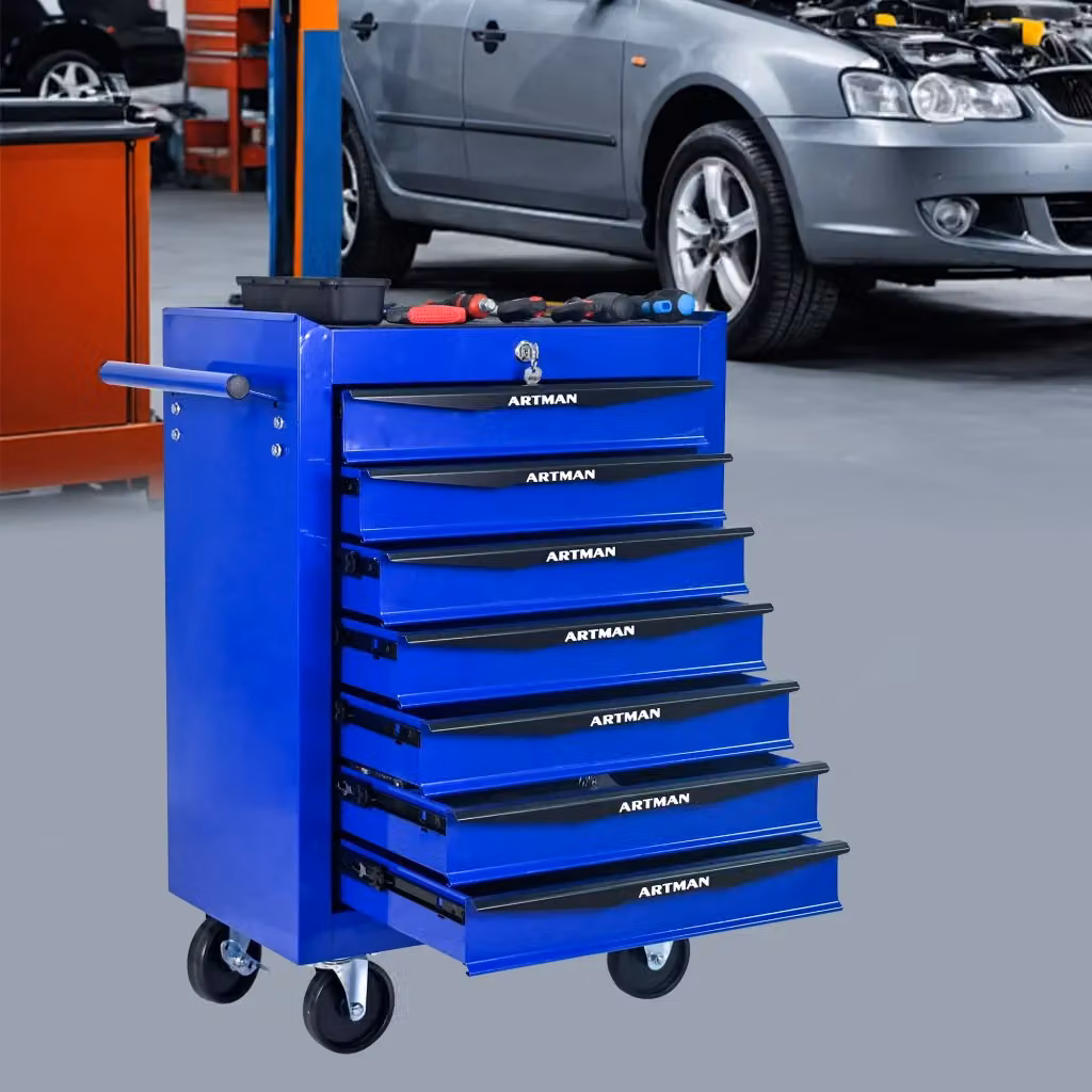 Carrello portautensili WISHDOR in acciaio con 7 cassetti, ruote piroettanti con freno e serratura, nero/blu, L: 77.5 cm, P: 60.0 cm, H: 24.6 cm – 2