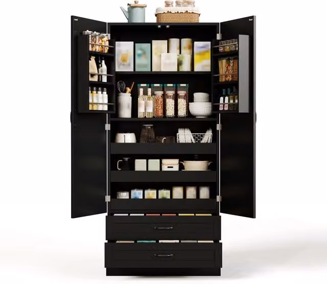 Dispensa alta cucina nera 80 x 37;5 x 180 cm con tre ripiani estraibili in MDF