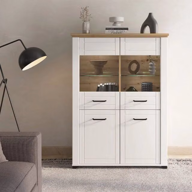 Vetrina Espositore DMORA con Ante in Vetro e Ripiani Interni, Colore Bianco e Rovere, L: 104 cm, P: 41 cm, H: 143 cm