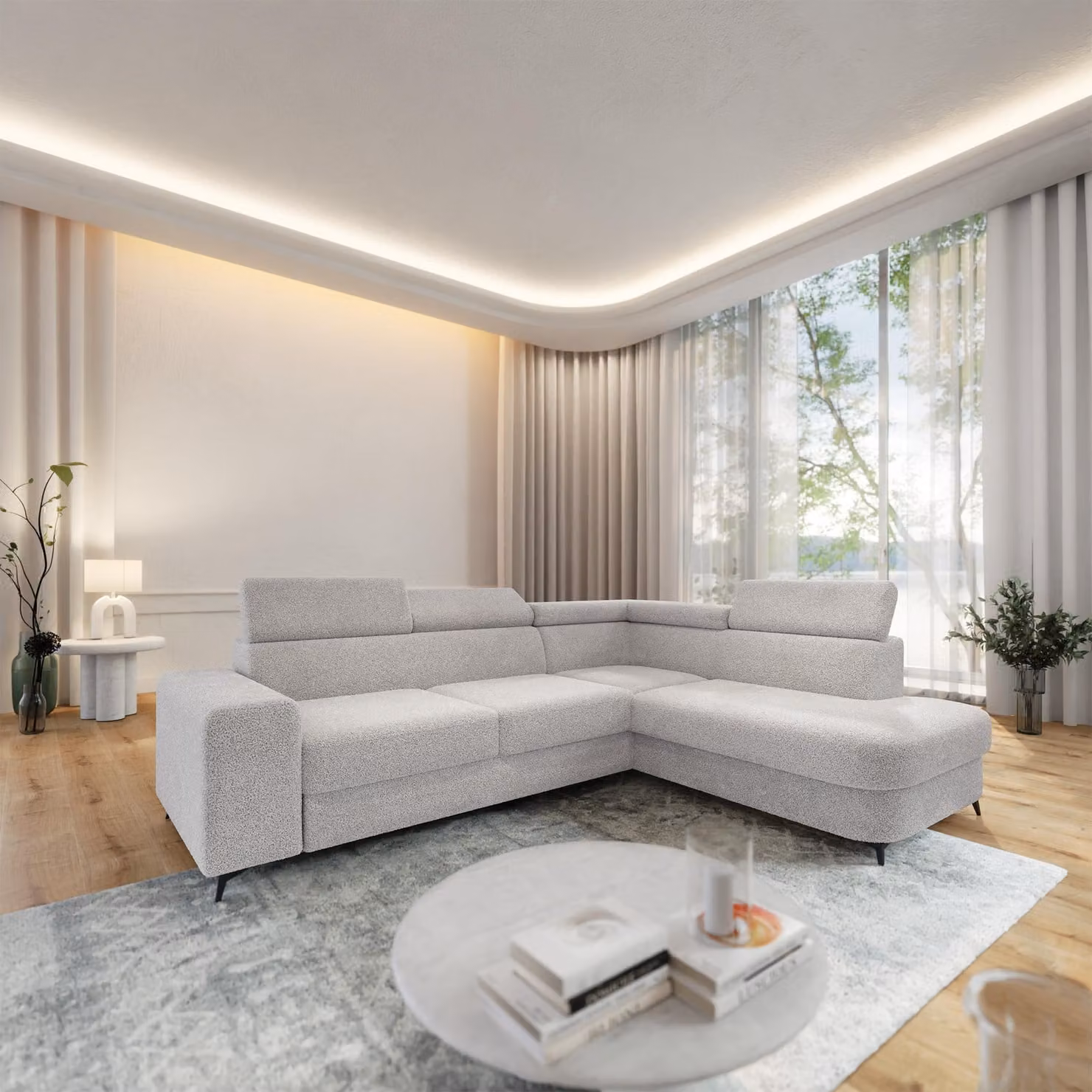 Divano ad angolo Masseno ALVORO R-S con funzione letto a L, divano con contenitore, divano da salotto, divano, divano letto, set divani - Grigio chiaro, QUELLE 83