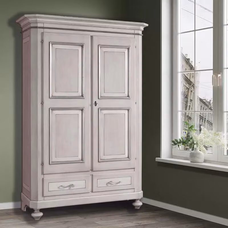 Armadio classico in legno stile shabby chic con 2 ante e 2 cassetti Mobili 2G colore tortora grigio L/P/H: 135 x 63 x 203 cm – 2