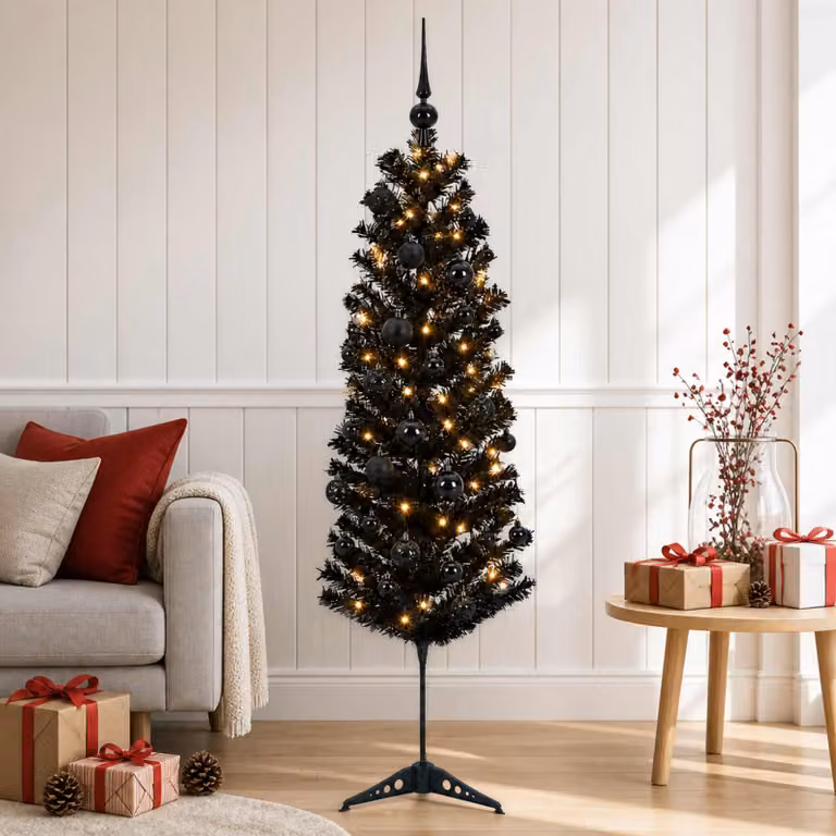Albero di Natale artificiale, sottile, con decorazioni a forma di pallina, altezza 150 cm