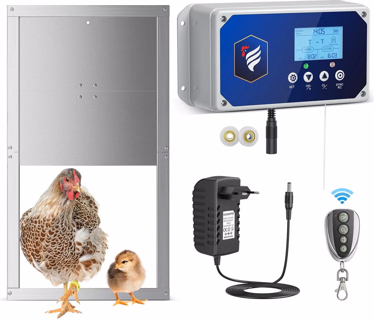 Sportello automatico per polli, telecomando, funzione timer, con sportello