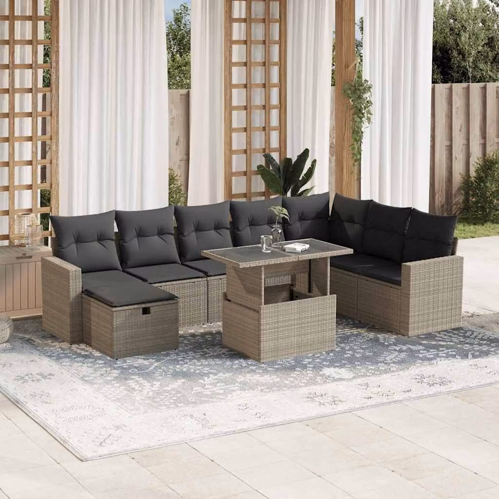 vidaXL Set Divano da Giardino 9pz a Forma di L in Polyrattan Grigio con Cuscini e Tavolino da Caffè – 1