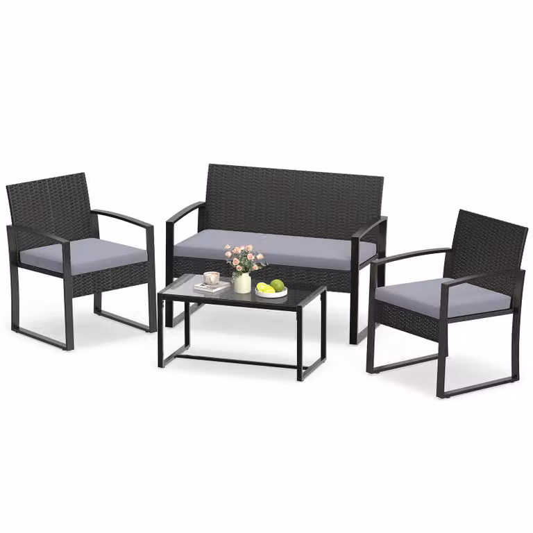 Set mobili da giardino Costway a 4 pezzi in rattan grigio con piano in vetro temperato e divano a 2 posti