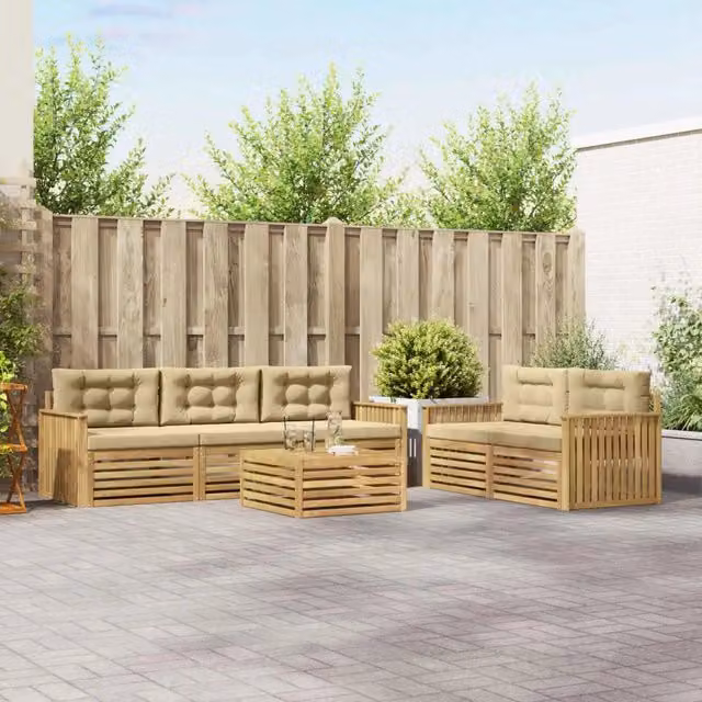 Set di divani da esterno moderno vidaXL in legno di acacia, 6 pezzi, Bianco e Beige