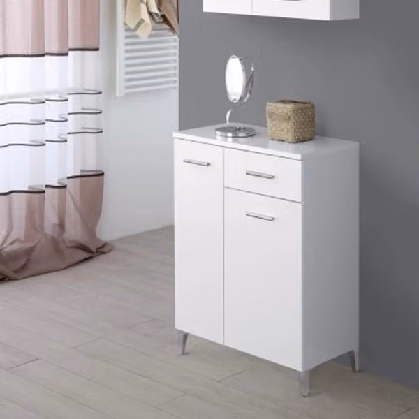 Mobiletto Bagno Base Colonna in Legno Bianco Lucido 2 Ante 1 Cassetto Feridras