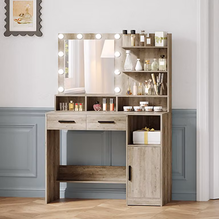 Comò con specchio, colore grigio chiaro - 10 luci LED - Legno - Design moderno e minimalista