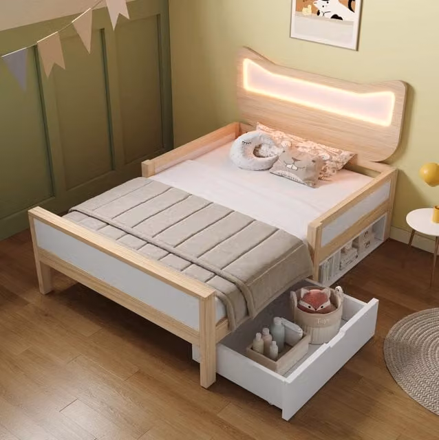 Letto singolo 90x200 cm con testiera a forma di gatto; LED RGB; cassetto e vano portaoggetti; bianco e rovere