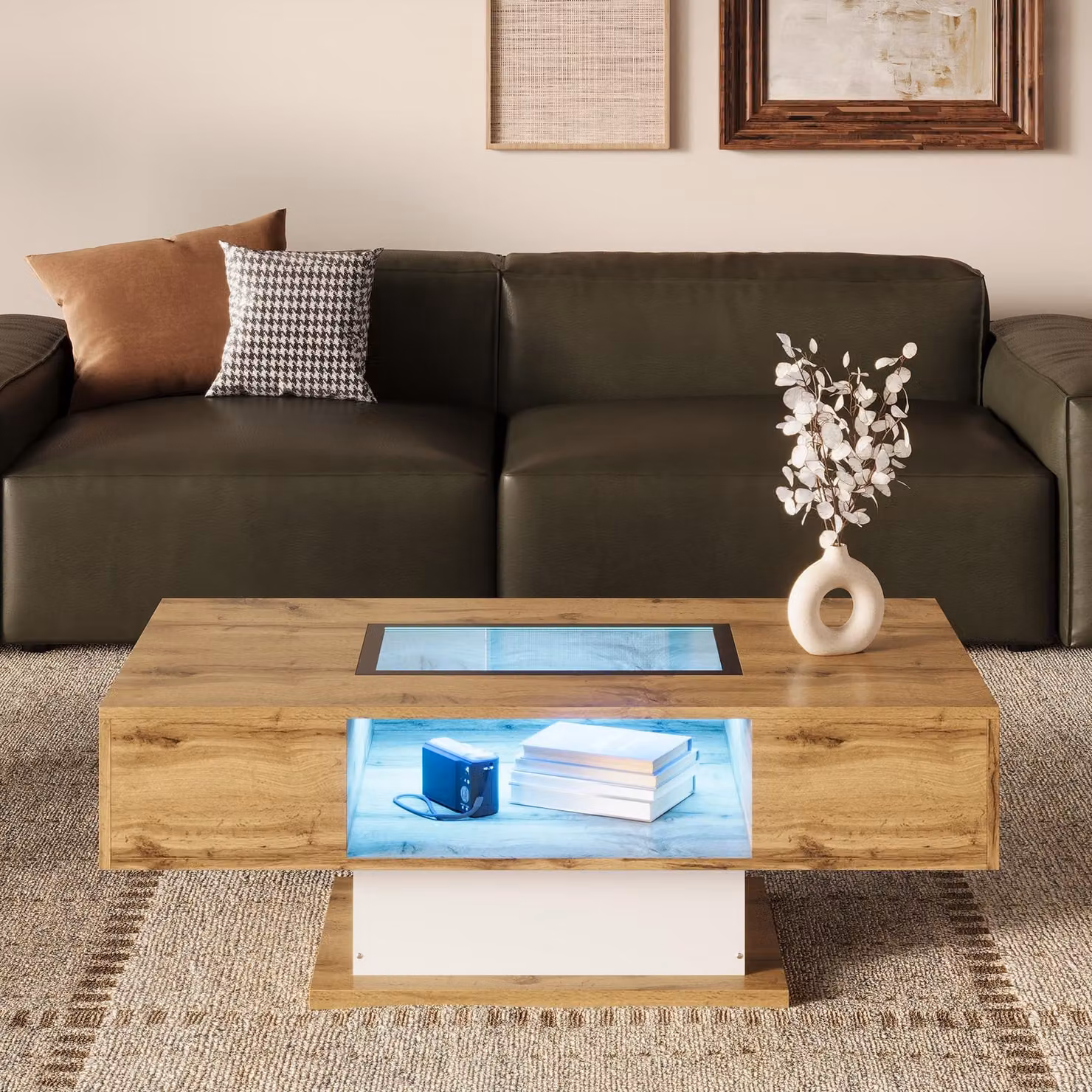 MODFU tavolino da salotto con illuminazione a LED, tavolino rettangolare e tavolino da divano con piano in vetro e cassetti, naturale