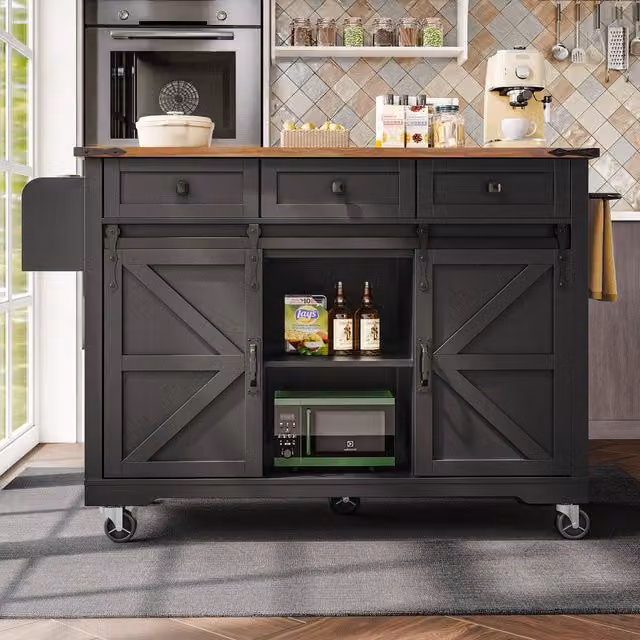 Carrello da Cucina con Piano Estraibile e Ruote ¨C MINIMAL ¨C Nero, Legno, 2 Ante Scorrevoli, 3 Cassetti