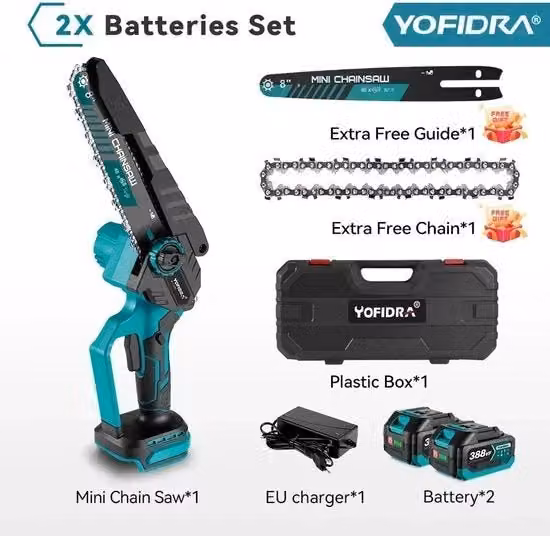 Mini sega elettrica a catena - Senza filo - alimentata a batteria - 20 cm - inclusa batteria 2x e catena extra - compatibile con batteria 18V - Sega a mano - Sega per rami - Sega per alberi - Sega per legno
