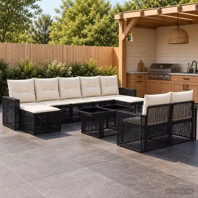 Set Divano da Giardino 10 Pezzi vidaXL in Polyrattan Nero e Bianco Crema con Cuscini e Tavolino in Vetro – 1