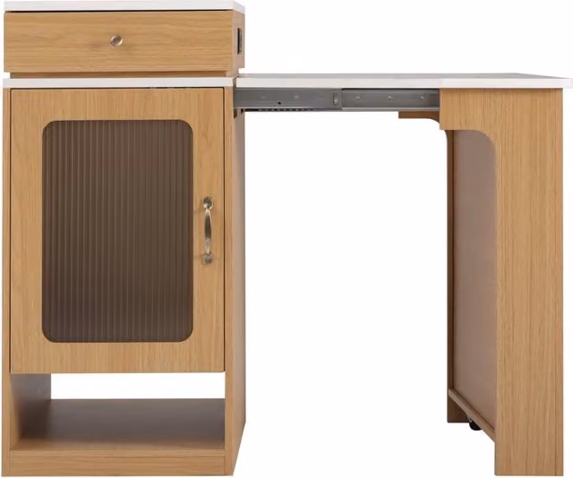 Isola cucina con ruote e tavolo da pranzo allungabile in MDF/PB, piano removibile, con prese elettriche, colore naturale, 80×71~151×92 cm