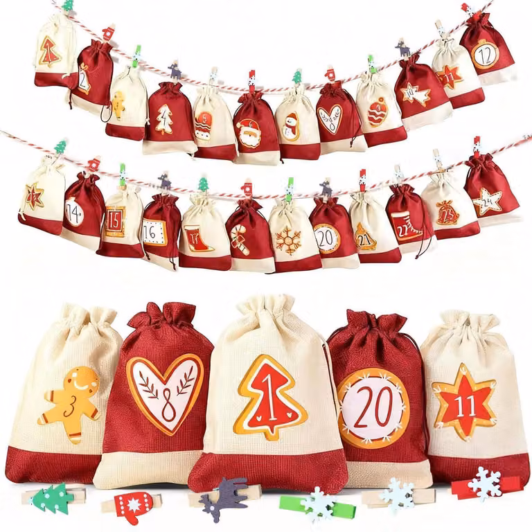 Calendario dell'Avvento in tessuto, da riempire, confezione da 24 pezzi, dimensioni 10 x 14 cm, con accessori