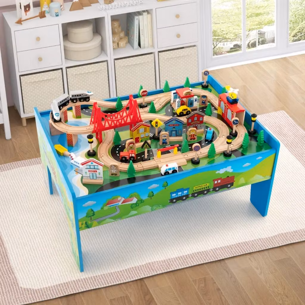 Set di trenini in legno con tavolo da gioco reversibile e cassetto capiente, 80 pezzi, bianco e multicolore – 2