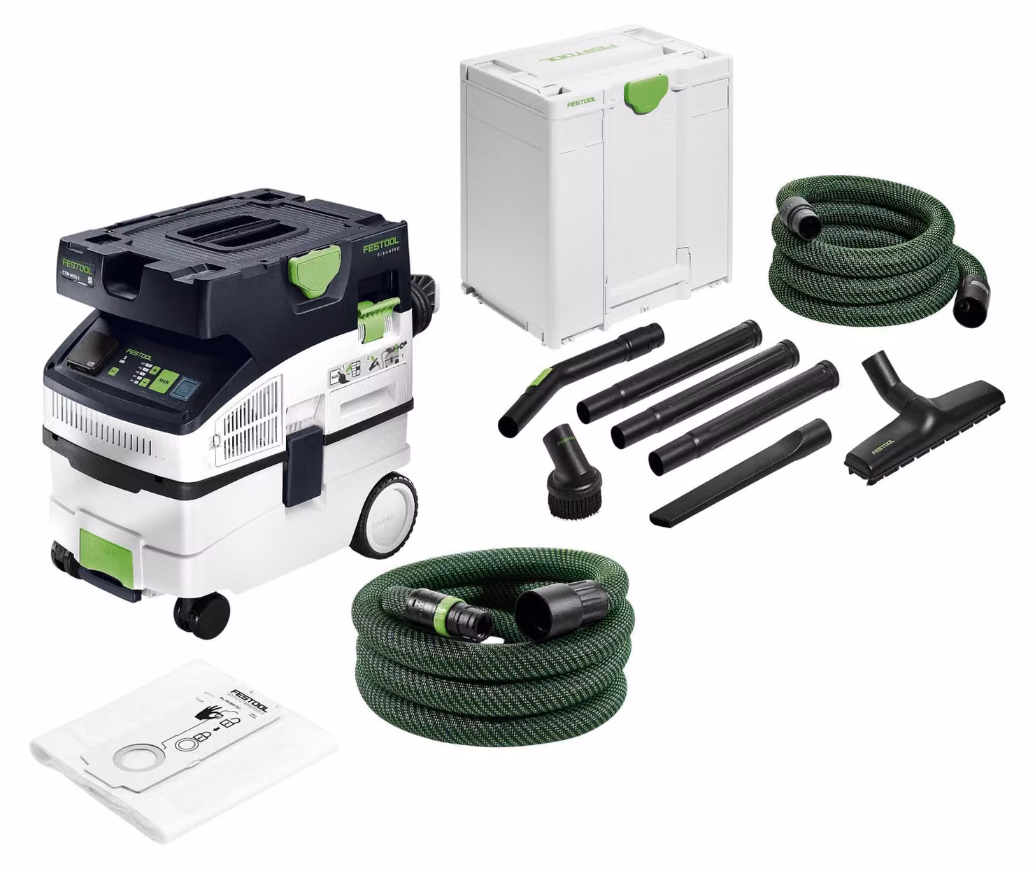 Festool CTM MIDI I CLEANTEC Aspiratore mobile 1200 Watt 15 l Classe di polvere M + RS-HW D 36-Plus Set di pulizia per artigiani