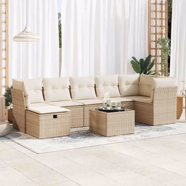 Set Divano da Giardino vidaXL 8 pz in Polyrattan Beige con Cuscini e Tavolino
