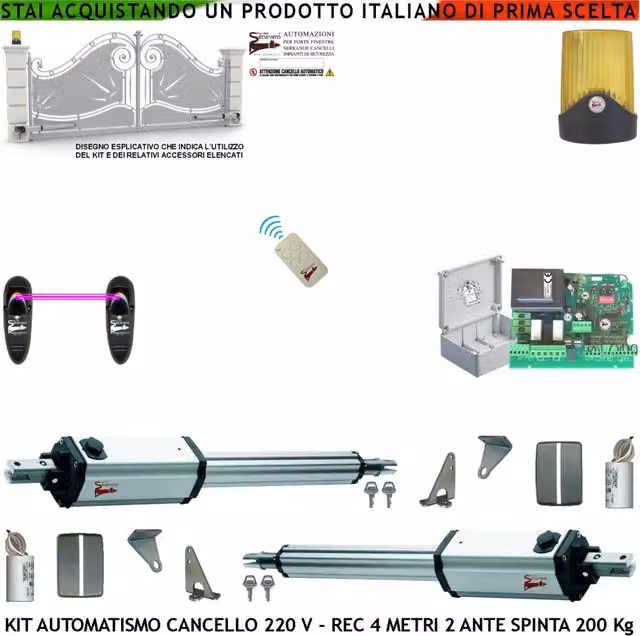 Kit Automatismo Cancello 4 Metri 2 Ante Motori 230 V Stelo Retrattile Autobloccante Radiocomando Fotocellule Faro Cartello Monitore Centrale Riprogrammabile Luce di Cortesia Condominiale o Pedonale