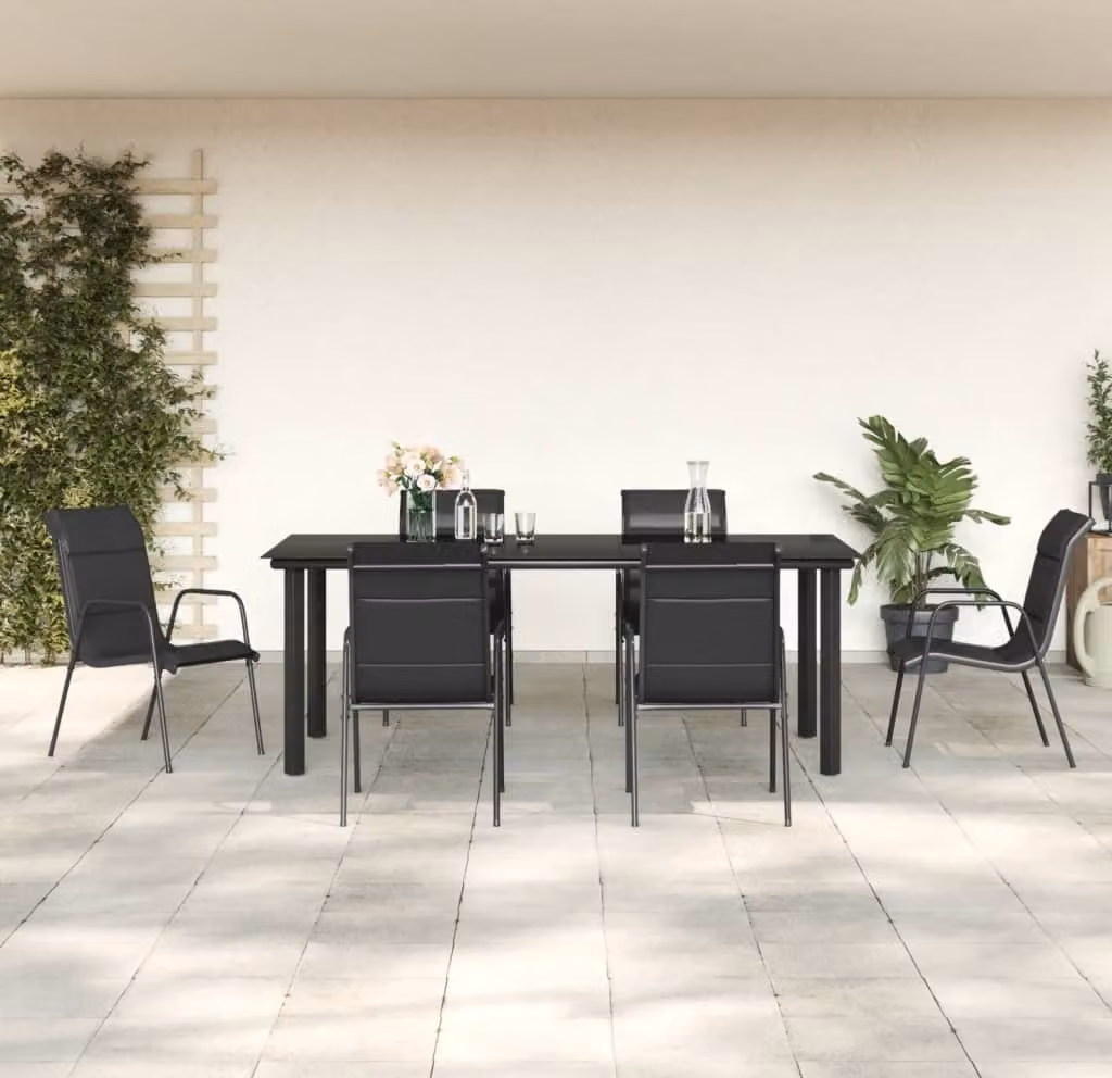 The Living Store Set da pranzo da giardino 7 pezzi in acciaio nero e textilene