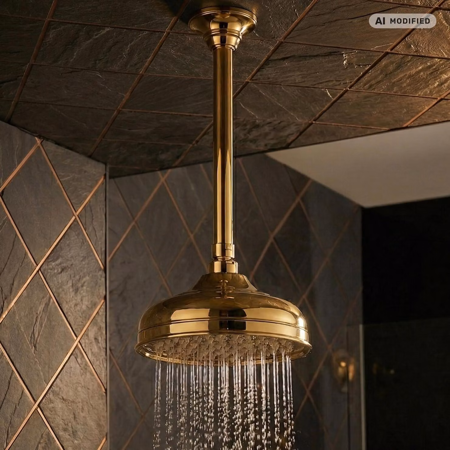 PaulGurkes Soffione doccia dorato con braccio da soffitto 30 cm Soffione doccia retrò a pioggia