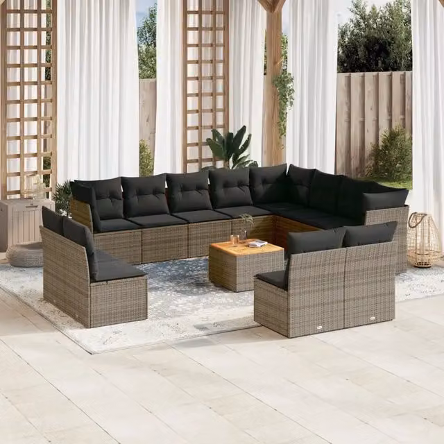 Set di divani da giardino vidaXL in polyrattan grigio con cuscini e tavolino da esterno a forma di U – 1