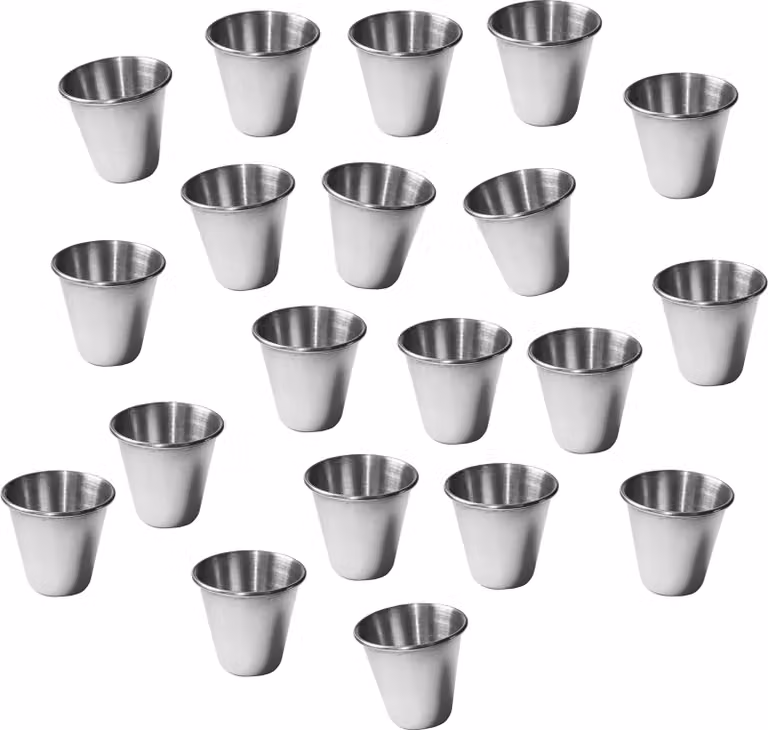 Set di 20 bicchieri in acciaio inox, 30 ml, con bordi arrotolati