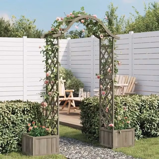 Pergola da Giardino Outsunny in Legno di Abete Grigio con Fioriera e Griglia per Piante H: 204 cm, L: 175 cm, P: 40 cm – 1