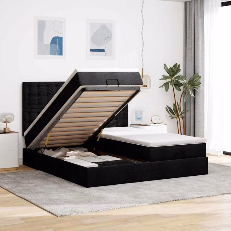 Letto con contenitore e pouf vidaXL in tessuto nero con base a sollevamento, illuminazione sottostante e porta USB, L/P/H: 180 x 200 x 128 cm