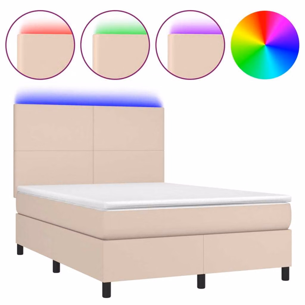 Giroletto Molle Materasso e LED Cappuccino 140x190cm Pelle finta