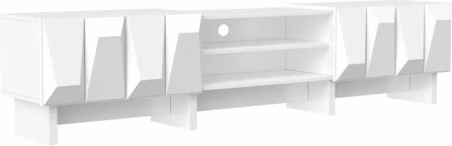Mobile TV bianco in truciolato con 4 ante e ripiani aperti, design moderno per soggiorno