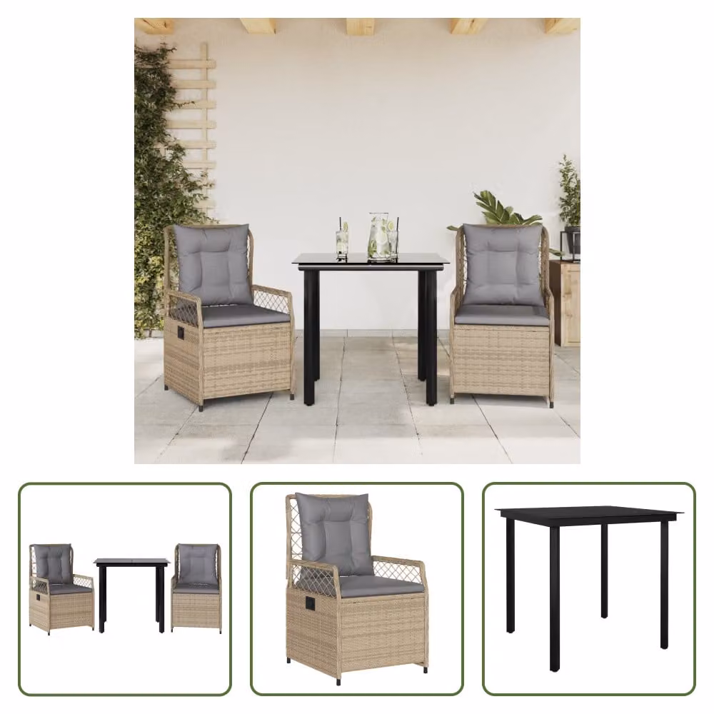 The Living Store Set da pranzo da giardino 3 pezzi con cuscini Beige poly rattan