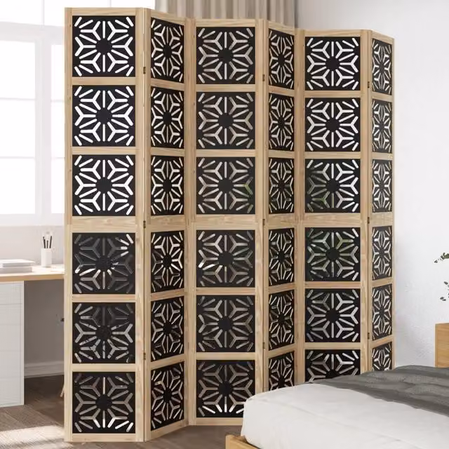 Divisorio Ambienti Moderno vidaXL in Legno di Paulownia con 6 Pannelli Geometrici, Marrone e Nero, H: 220 cm, L: 215 cm