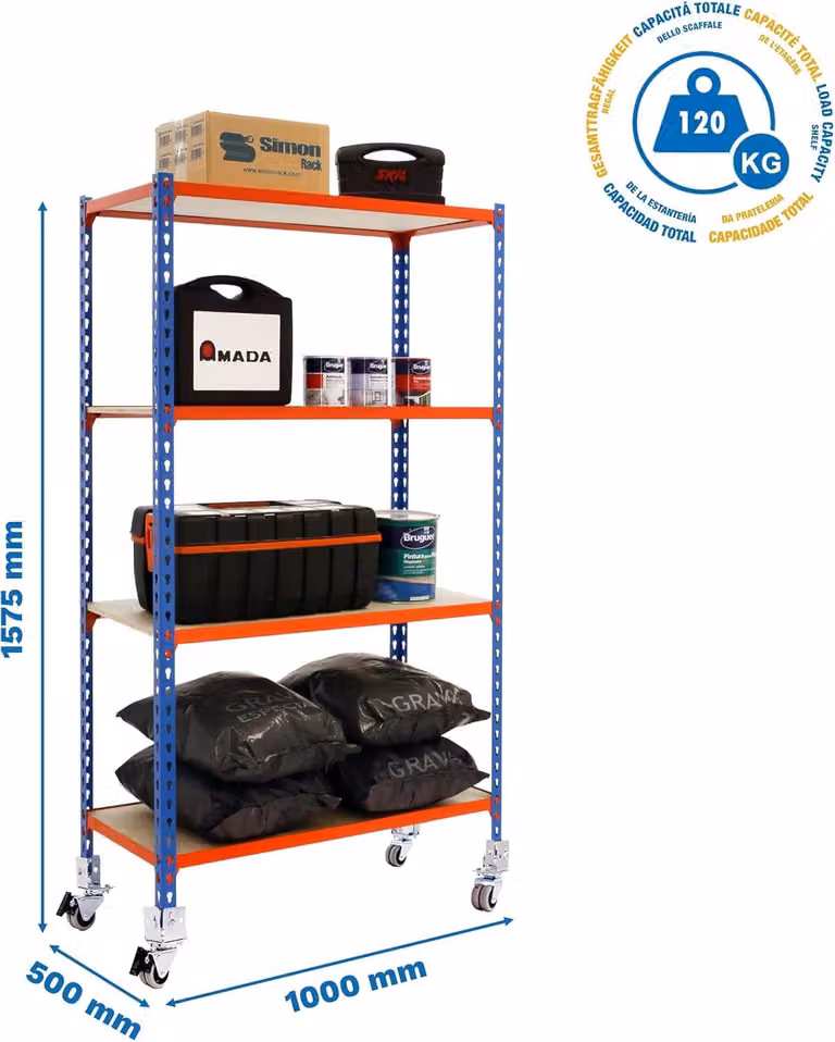 Scaffale portaoggetti a 4 livelli, colore blu - Scaffalatura - Sistema di scaffalature per magazzino - Portaoggetti - Scaffale per garage - Regolabile in lunghezza