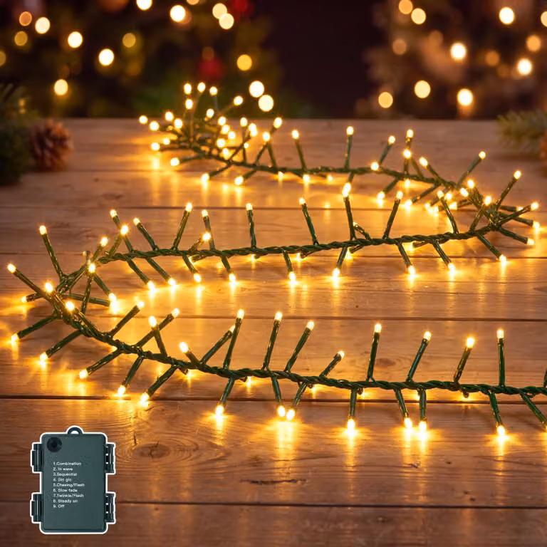 Catena luminosa a LED a forma di grappolo, 200 LED, 5 metri, luce bianca calda, grado di protezione IP44, con timer e 8 modalità di illuminazione