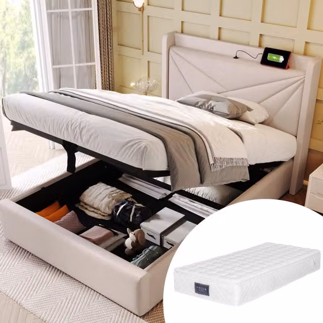 Letto imbottito 90x200 beige con contenitore, USB/Type-C e materasso H3