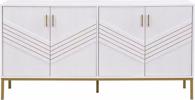 Sideboard moderno bianco e oro con 4 porte, struttura in MDF e piedi in metallo, mensole regolabili, 160x40x80,5 cm