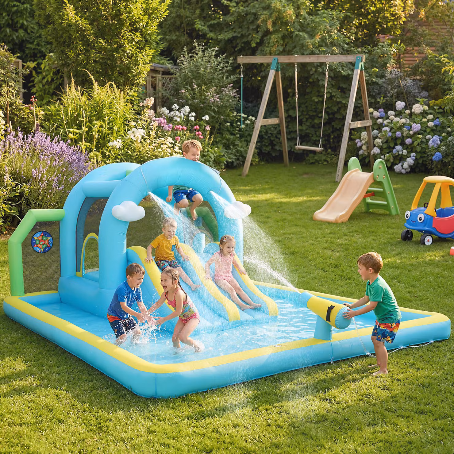 AIYAPLAY Castello Gonfiabile Acquatico 7 in 1 Multicolore con Soffiatore, Scivoli, Trampolino, Piscina e Canestro, L: 426 cm, P: 360 cm, H: 198 cm – 2