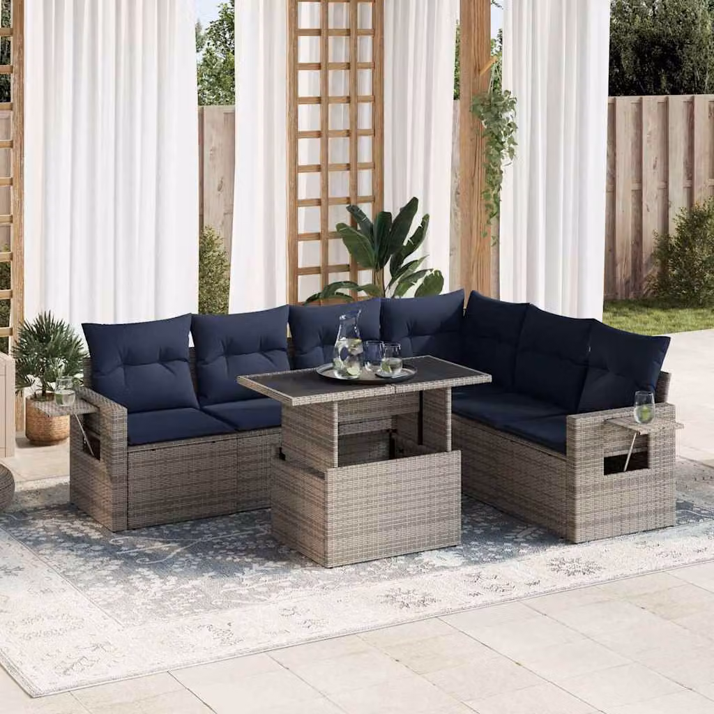 Set di divani da giardino vidaXL con 7 cuscini in polyrattan e metallo, colore grigio e blu