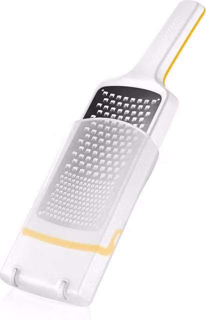 Grattuggia combinata Tescoma in acciaio con contenitore e base antiscivolo, colore bianco