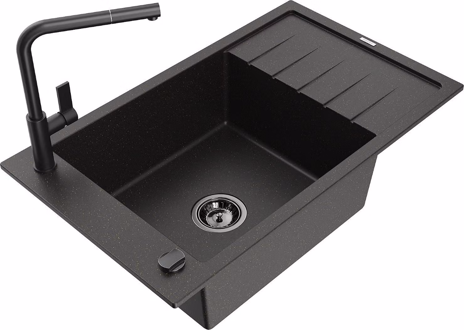 Mexen Elias lavello in granito 1-vasca con scolapiatti e rubinetto cucina Flora, nero/oro metallizzato - 6511-75-670401-70-B