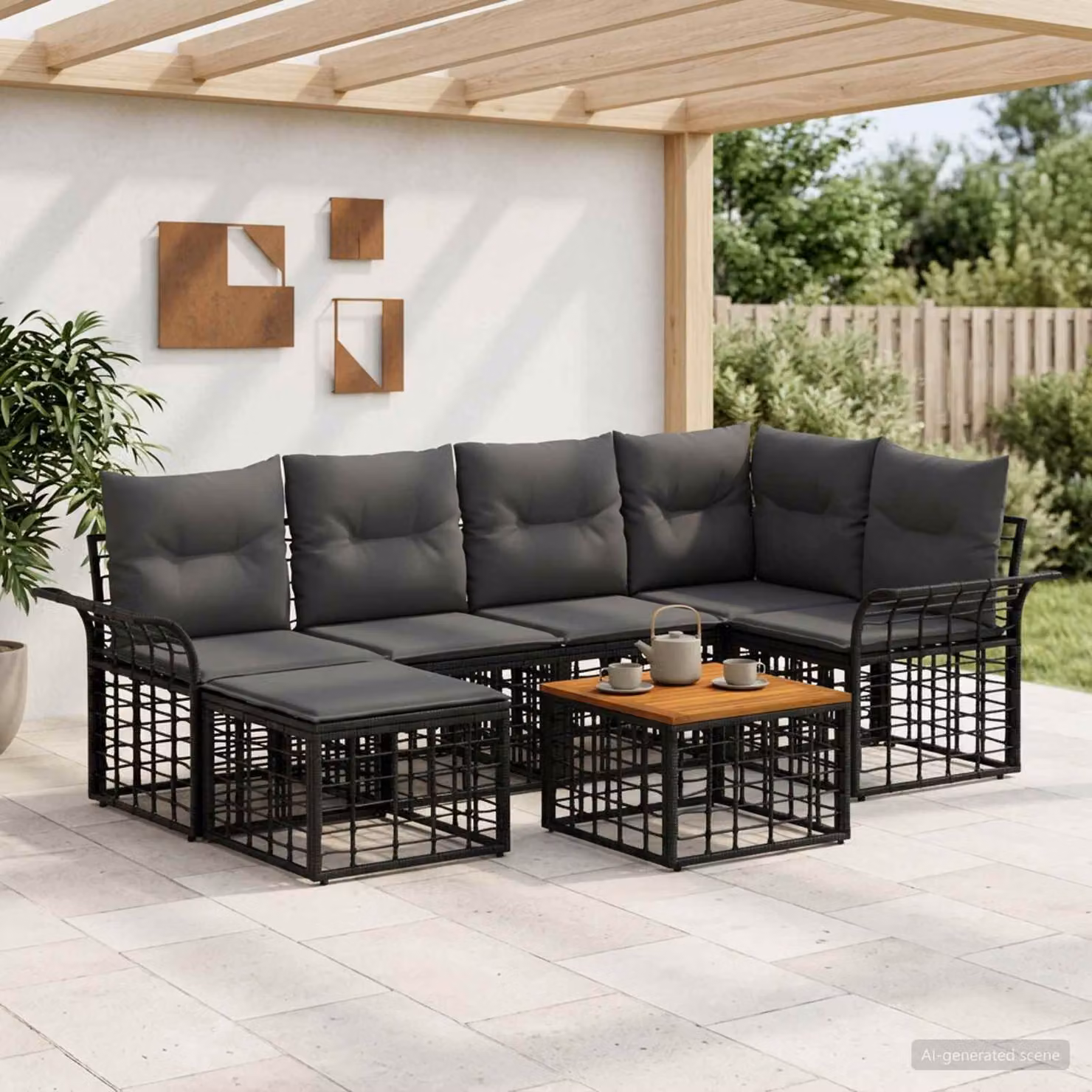 vidaXL Set di divani da esterno a forma di U composto da 7 pezzi, Nero e Grigio, con struttura in acciaio e sedute in poliestere resistente ai raggi UV