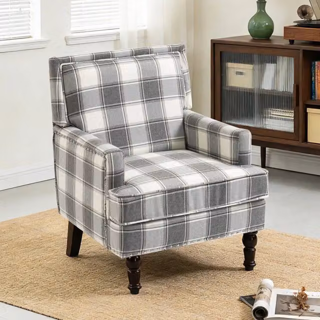 Poltrona da soggiorno Minimal in tessuto lino a righe grigio e bianco con struttura in legno massello L 62 cm, P 72 cm, H 84 cm – 1