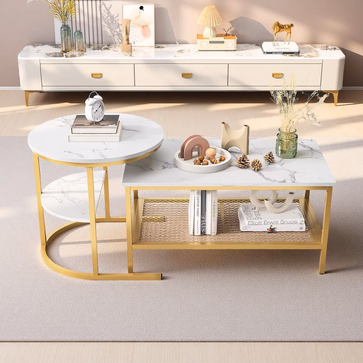 UnboxG Tavolini, 2 pezzi, tavolino, marmo, rettangolare, per soggiorno, ufficio, casa, caffè, hotêl con gambe in metallo, 80 x 46 x 41 cm + 52 x 52 x 51 cm (Oro )