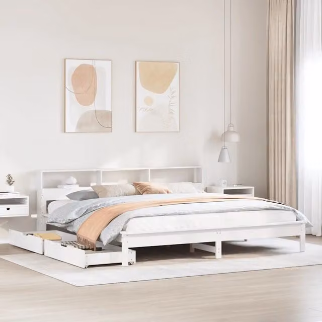 Letto con libreria e cassetti vidaXL in legno di pino bianco stile rustico L/P/H: 180 x 200 cm
